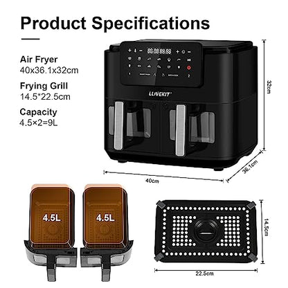 LLIVEKITDigital Doppel Zone Oil Free Heißluftfritteuse 9 L Groß für Familie