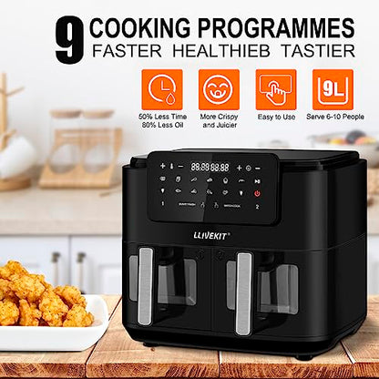 LLIVEKITDigital Doppel Zone Oil Free Heißluftfritteuse 9 L Groß für Familie