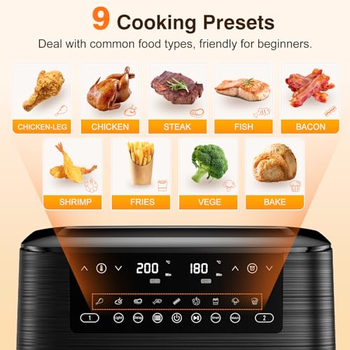 Doppel-Heißluftfritteuse mit Sichtfenster, 9 L XL-Fassungsvermögen